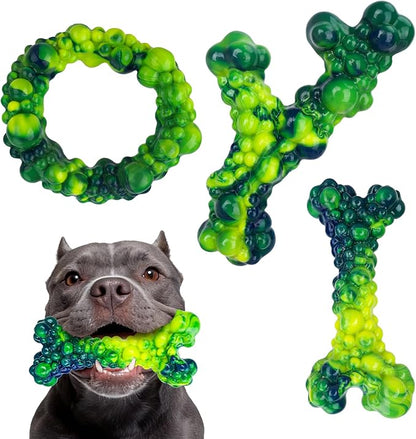 3Pack Dog Chew Toys for Aggressive Chewers, Indestructible Interactive Dog Chew Nylon Bone Toys for for Medium Large Breed 15-60lbs, Teething Toy to Keep Them Busy, Bacon Flavor (Green)