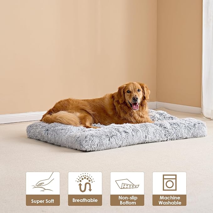 EHEYCIGA Fluffy Dog Crate Bed for Extra Large Dogs, Plush Faux Fur Pad, Calming Anti Anxiety XL Bed for Crate, Washable Soft Warm Dog Mat with Non-Slip Bottom, Grey (Pack of 2)