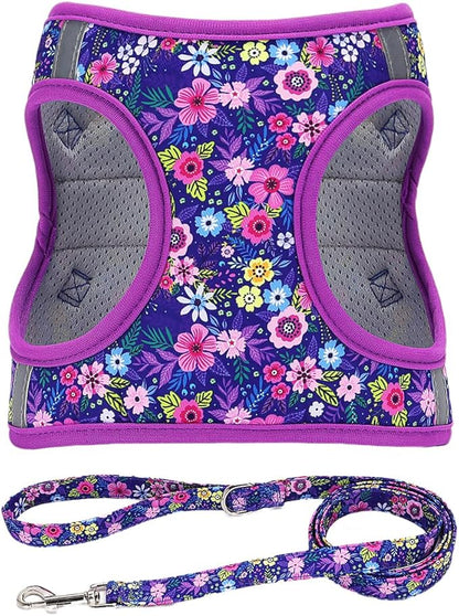 Moonpet Step in Dog Harness Leash Set- All Weather Reflective No-Pull Floral Pattern Padded Mesh Vest Harness for Cats Puppy Extra-Small Small Medium Large Dogs - Dark Flower - XL