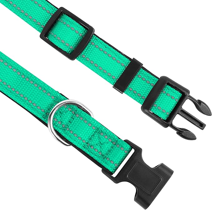 Reflective Dog Collar, Adjustable Soft Neoprene Padded Nylon Pet Collars with Buckle for Large Dogs, Grass Green,L