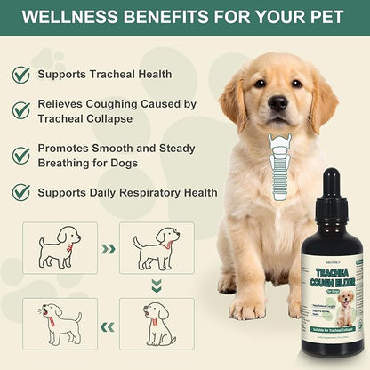 Trachea Cough Elixir for Dogs, Collapsed Trachea Support & Dry Honking Cough Relief, Herbal Airway Comfort Drops for Small Breeds, Helps Promote Smooth Breathing, Easy-to-Administer Liquid - 59 mL