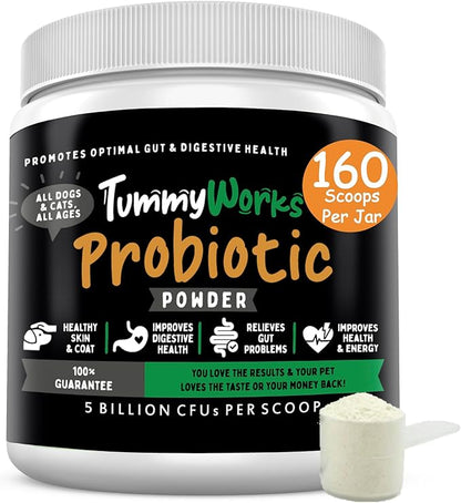 TummyWorks Probiotics for Dogs and Cats. 160 Scoops Probiotic Powder for Digestive Health, Gut, Immunity, Energy, Skin & Coat. 10 Strains, 5 Billion CFUs with 6 Enzymes & Prebiotics. Made in USA.