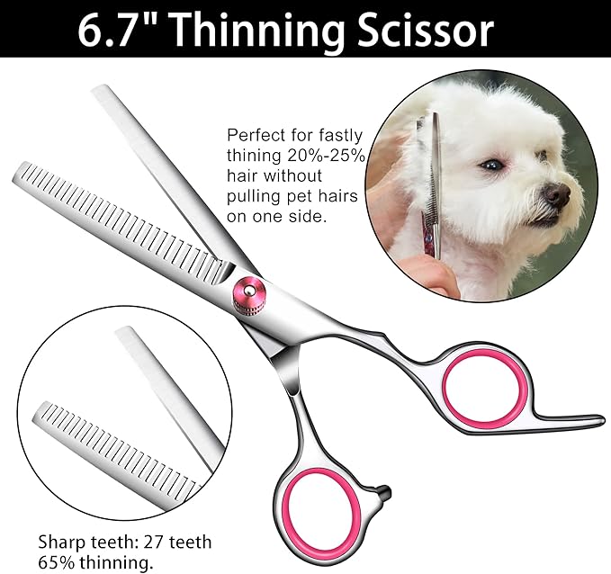 Dog Grooming Scissors with Safety Round Tip,Pet Grooming scissors Kit,Dog Shears for Grooming,Incude Thinning,Curved Grooming Scissors and Comb for dogs, cats.Suitable for The Right Hand