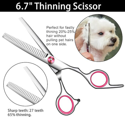 Dog Grooming Scissors with Safety Round Tip,Pet Grooming scissors Kit,Dog Shears for Grooming,Incude Thinning,Curved Grooming Scissors and Comb for dogs, cats.Suitable for The Right Hand