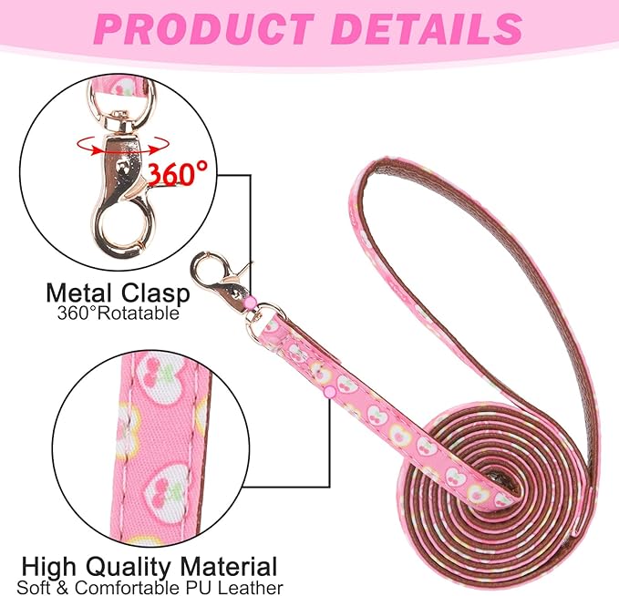EXPAWLORER Valentine's Day Dog Collar and Leash Set - Pink Heart Dog Bow Tie and Dog Bandana Collar with Bell, Dog Leash Tangle Free, Adjustable Collars for Small Dogs Cats, Holiday Ideal Gift, S