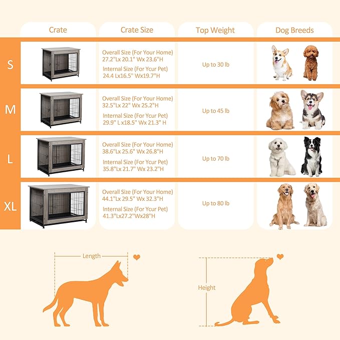 Shintenchi Wooden Dog Crate Furniture for Large Breed, L Double-Door Kennel Indoor with Removable Tray, End Table L Dog Crate for Decoration, 44.1" L, Gray