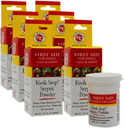 Miracle Care Kwik Stop Styptic Powder for Dogs, Cats and Birds, 0.5 Ounce (Pack of 6), Fast Acting Blood Stop Powder with Pain Relieving Benzocaine