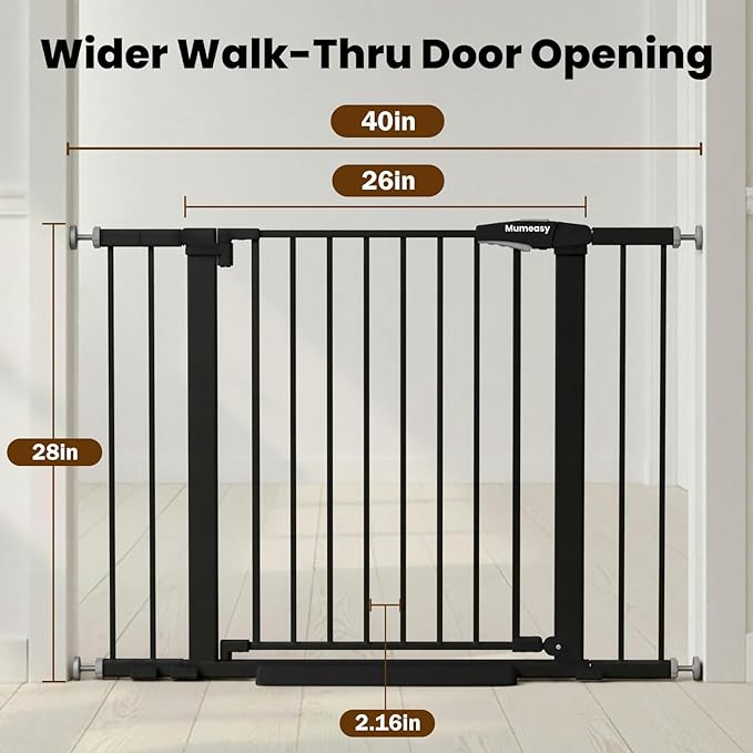 Baby Gate for Stairs, 26-40" Auto Close Dog Gate for Doorways, Pressure Mounted Child Gate with Walk Thru Door, Easy Install Safety Gate for Children and Pets, Black