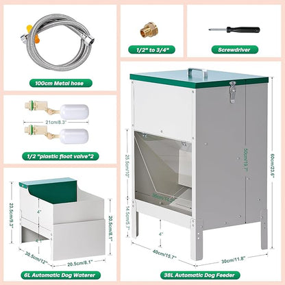 38L Automatic Dog Feeder and 6L Water Bowl Dispenser,Auto Dog Waterer Large Capacity Metal Gravity Dry Food Feeder with 3.94" Stand Outdoor Station for Large Breed Big Dogs Cat Pet