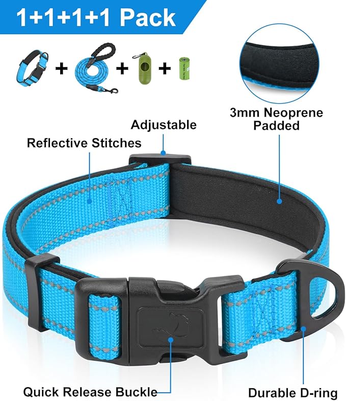 Dynmeow Reflective Dog Collar and Leash Set, 6FT Strong Climbing Rope Leash with Padded Handle, Adjustable Pet Collar with Soft Neoprene Padding for Small Medium Dogs, Blue, S