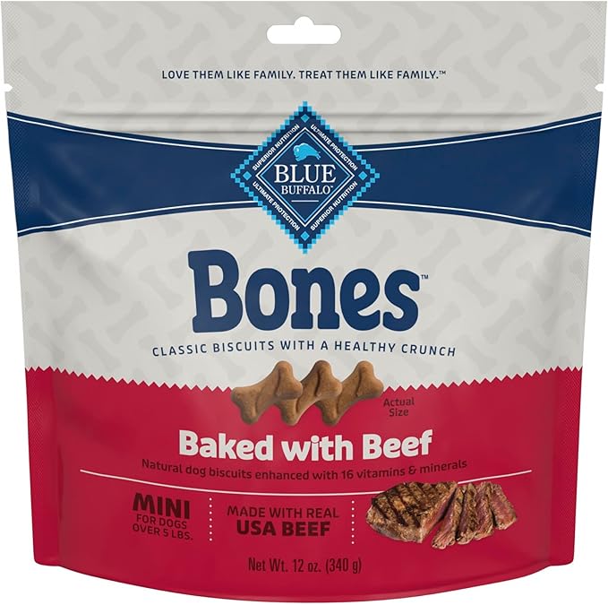 Blue Buffalo Bones Natural Crunchy Dog Treats Mini Dog Biscuits Beef, 12oz. Bag, 4 Count