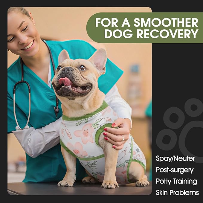 FUAMEY Dog Recovery Suit Male,Dogs Surgery Neuter Suits Puppy Spay Shirts for Female Protect Dog's Skin Anti Licking Abdominal Wounds Doggie Onesie Pet Bodysuit Alternative to Cone Rabbit Flower XS