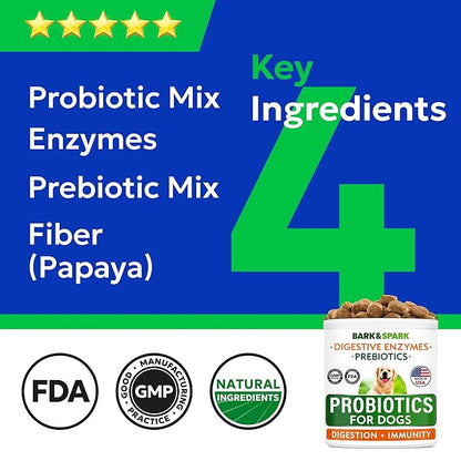 Bark&Spark Dog Probiotics & Digestive Enzymes (Gut Health) Allergy & Itchy Skin - Pet Diarrhea Gas Treatment Upset Stomach Relief, Digestion Health Prebiotic Supplement Tummy Treat (180Ct Chicken)