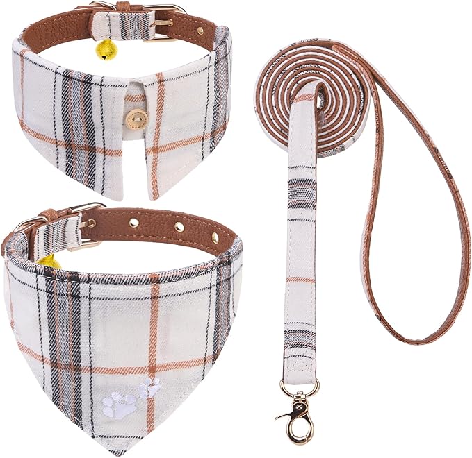 EXPAWLORER Puppy Collar and Leash - Embroidery Pawprints Plaid Small Dog Collars and Leash Set, Cute Bandana and Detachable Collar, Suitable for Small Dogs Cats Girl Boy, Cream S