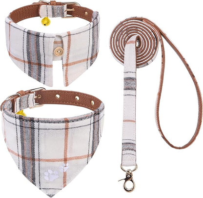 EXPAWLORER Puppy Collar and Leash - Embroidery Pawprints Plaid Small Dog Collars and Leash Set, Cute Bandana and Detachable Collar, Suitable for Small Dogs Cats Girl Boy, Cream XS