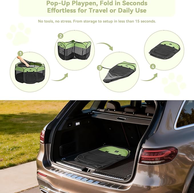 Dog Playpen for Small Dogs & Puppies, 40.55" Portable Indoor Outdoor Puppy Playpen with Bowl, Waterproof Floor, Foldable Pop-Up Pet Pen for Home, Travel & Daily Use, Green+Black