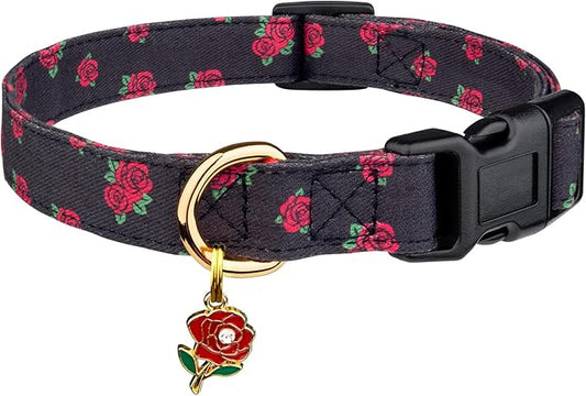 Cotton Handmade Dog Collar Cute and Distinctive Patterns Black Rose with Pendant for Girl Boy Dogs Collars L