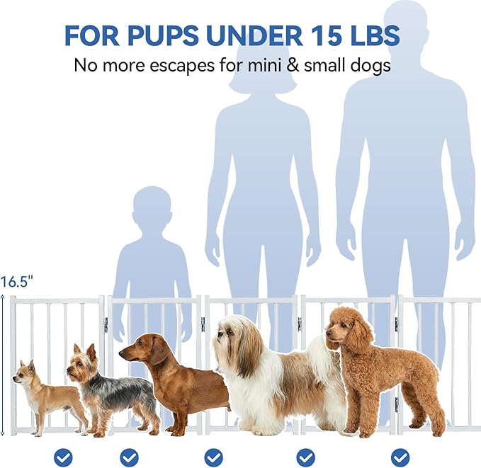 BFNN Free Standing Foldable Dog Gate, 16.5" High Step-Over Metal Short Pet Gate, Up to 72" Wide Puppy Fence for Stairs and Doorways, Indoor & Outdoor Use, No Drilling and No Assembly, White