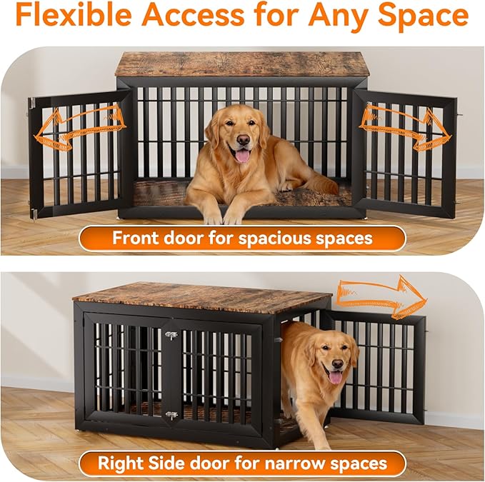 Snuowu 48" Heavy Duty Dog Crate Furniture for Small,Medium and Large Dogs,Rustic Wooden Dog Cage Kennel Indoor Furniture with Waterproof Top,Decorative Pet House Side End Table (Black & Wood)