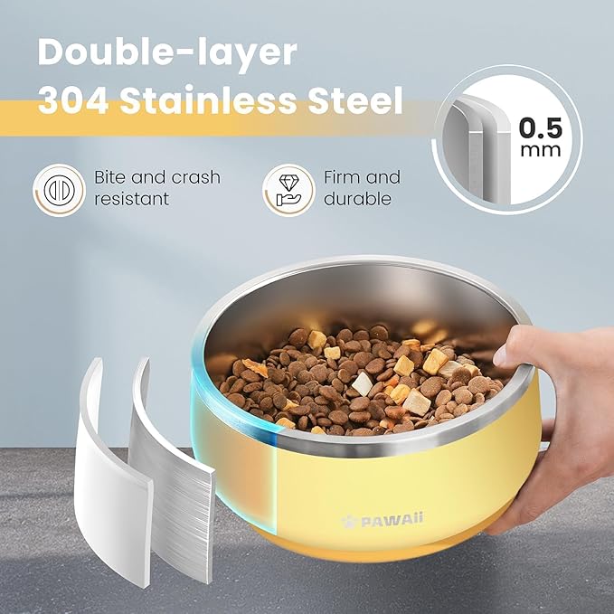 Pawaii Dog Bowl, 68 oz Double-Wall Stainless Steel Food and Water Bowl, Non-Slip Rubber Base, Dishwasher Safe, ID Tag Included, (1 Pack)