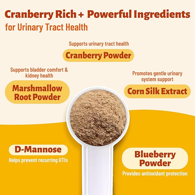 Cranberry Powder for Dogs & Cats, Urinary Tract & Bladder Support Supplement with D-Mannose, Kidney & UTI, Cat and Dog Cranberry Supplement, Chicken Flavor Food Topper, 3.88oz