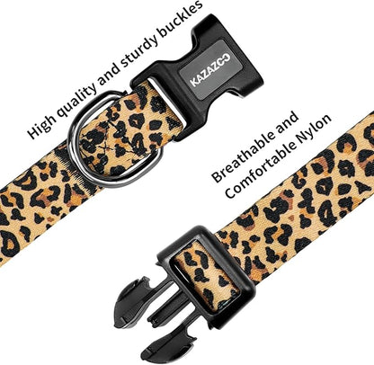 Kazazoo Dog Collar Cute and Soft Nylon Puppy Collar for Boy and Girl, Adjustable Dog Collars for Medium Large Dogs, Brown Leopard-L
