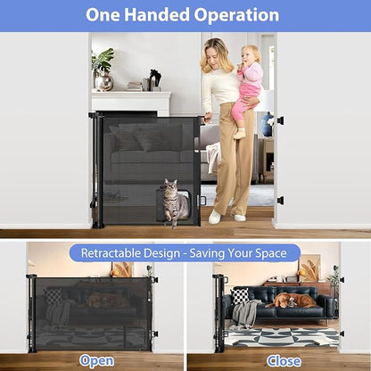 Retractable Baby Gates with Cat Door 80" Wide Retractable Dog Gate with Pet Door Outdoor Retractable Gate for Dogs Retractable Pet Gate with Door Mesh Baby Gate Retractable Mesh Dog Gate (Black)
