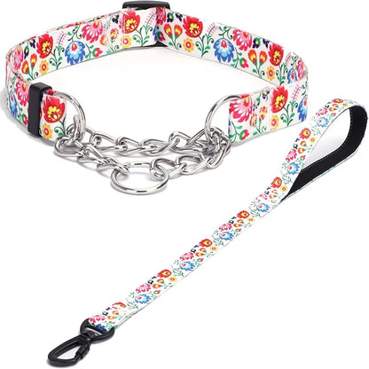Martingale Dog Collar with Stainless Steel Chain - Limited Chain Cinch Training Collar for No Pull Training Dog - Flower Multicolor Cute Patterns - Premium No Slip Collar (S, White Set)