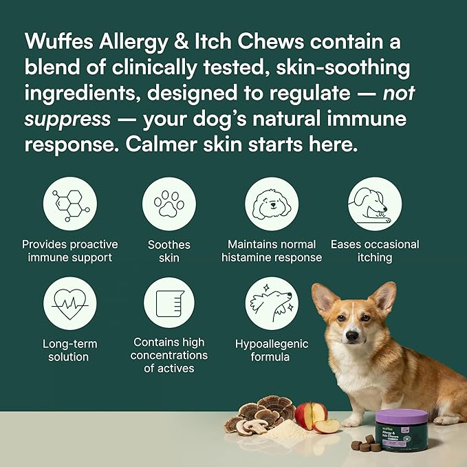 Wuffes Allergy & Itch Soft Chews, Dog Allergy Support with Colostrum, Vitamin E and Omega 3s for Dogs, Non-Drowsy Immune and Itchy Skin Support for All Dogs, 60 Soft Chews (12 oz)