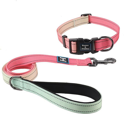 Roses&Poetry Pink Dog Leash and Collar Set, Reflective Dog Collar and Leash for Large Dogs, Adjustable Durable Matching Collars with Leashes for Large Dogs (Pink Gradient-L)