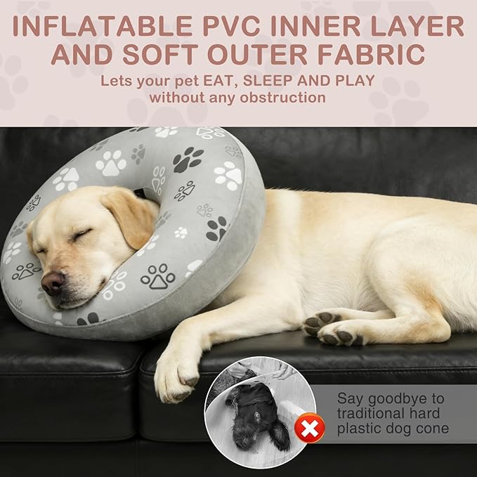 SCENEREAL Dog Cone Alternative After Surgery Donut Collar, Soft Pet Recovery Pillow Collar for Medium Large Dogs, Inflatable Adjustable Neck Collars to Prevent Licking, Grey Footprints M