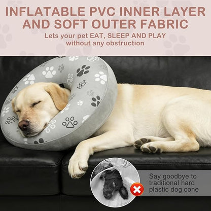 SCENEREAL Dog Cone Alternative After Surgery Donut Collar, Soft Pet Recovery Pillow Collar for Medium Large Dogs, Inflatable Adjustable Neck Collars to Prevent Licking, Grey Footprints M