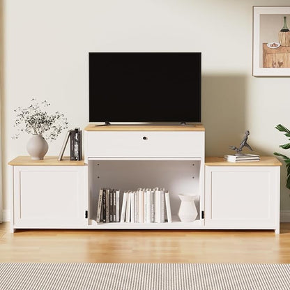 78" Dog Crate Furniture TV Stand, Tiered Dog Kennel for Medium Dogs with Stepped Design, Wooden Dog Cage with Storage Cabinets & Drawer, Heavy Duty Indoor Door House Media Console, White