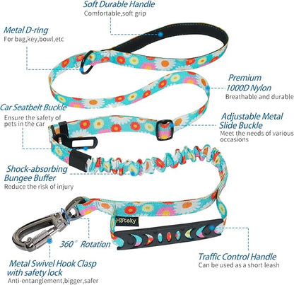Hotsky Tactical Dog Leash Heavy Duty for Medium Large Dogs that Pull,4-6Ft Strong Bungee Shock Absorbing No Pull Dog Leash with Padded Double Handle and Car Seatbelt,Daisy