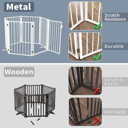 Metal Freestanding Dog Gates with Door for Outdoor Indoor,80'' Extra Wide 32'' Tall Free Standing Dog Gate for Doorways,Large Openings,Deck,Yard,Porch,Foldable Pet Fence(White,4 Panels)