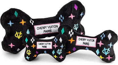 Haute Diggity Dog Chewy Vuiton Bone Plush Squeaky Dog Toy, Soft Durable Designer-Inspired Stuffed Puppy Chew Toys for Small, Medium & Large Dogs, Machine-Washable (Black Monogram) XL