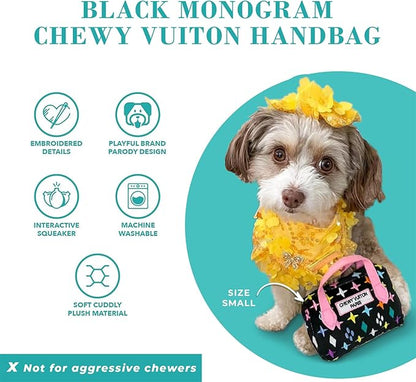 Haute Diggity Dog Chewy Vuiton Handbag Plush Squeaky Dog Toy, Soft Durable Designer-Inspired Stuffed Puppy Chew Toys for Small & Medium Dogs, Machine-Washable (Black Monogram) Large
