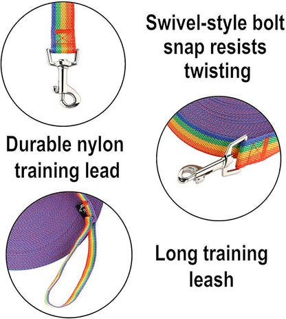 Hi Kiss Dog/Puppy Obedience Recall Training Agility Lead - 15ft 20ft 30ft 50ft 100ft Training Leash - Great for Training, Play, Camping, or Backyard (100 Feet, Rainbow)