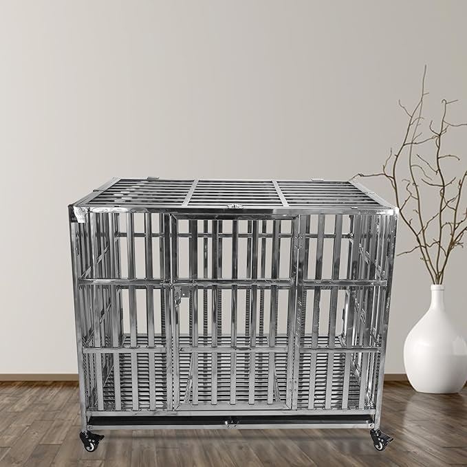 Confote 37/47 Inch Heavy Duty Dog Crate Metal Cage Kennel, High Anxiety Pet Cage with Lockable Wheels & Double Doors for Small Medium Large Dogs (SS-47)