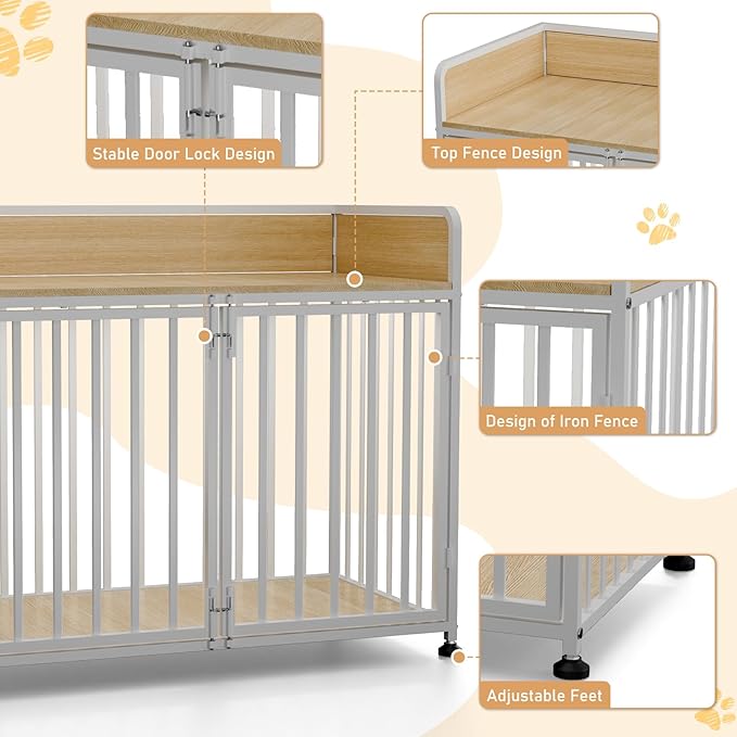 42 in Dog Crate Furniture, Medium Dog Kennel Indoor with 2 Bowls, Wooden Dog Cage Table Decorative for Small Medium Dog, 42" L X 24" W X 36" H