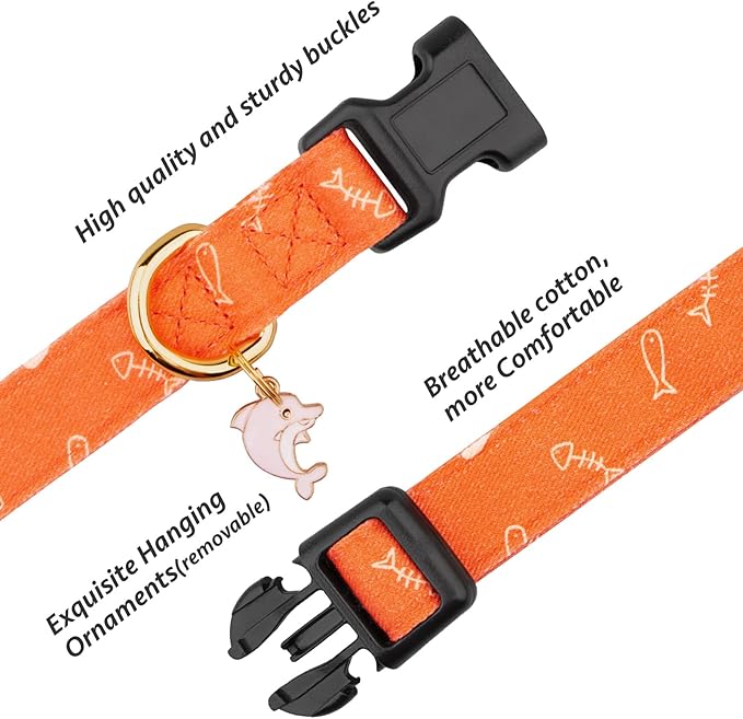 Cotton Handmade Dog Collar Cute and Distinctive Patterns Orange Fish with Pendant for Girl Boy Dogs Collars L