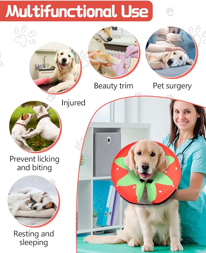 MIDOG Soft Inflatable Dog Cone,Donut E-Collar Alternative for After Surgery, Prevents Licking,Allowing Normal Eating & Vision,Comfortable Recovery Collar for Small Medium Large Dogs&Cats,Strawberry-L+