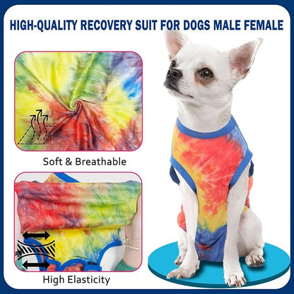 Dog Surgery Recovery Suit for Male Female, Spay Neuter Cone Alternative Surgical Onesie, Tie-dye Purple (Tie-dye Blue, Small (Back 12.2'', Chest 12''-14''))