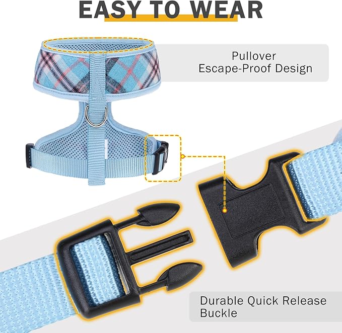 SCENEREAL Puppy Dog Harness with Leash Set for Small Medium Sized Dogs, Soft Mesh Pet Harnesses and Leash, No Chock Plaid Adjustable No Pull Vest for Dogs Cats, Chihuahua,Bulldog (Blue M)