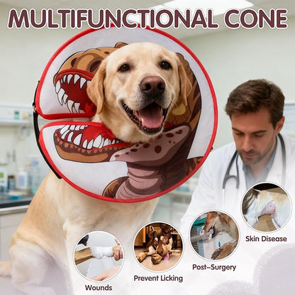 EXPAWLORER X-Large Widen Soft Dog Cone Collar - Inflatable Dog Neck Donut Collar Alternative After Surgery to Stop Licking,Adjustable Protective Recovery E Collar(Dinosaur)