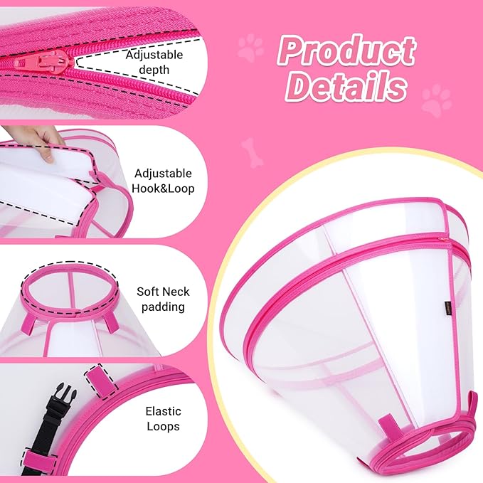 Dog Cone to Stop Licking, Clear Recovery Collar with Detachable Zipper, Sturdy Elizabethan Collar for Large Medium Small Dogs, Soft Adjustable Cone After Surgery Patented, Hot Pink XXL