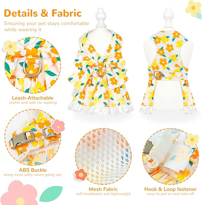 ABRRLO Dog Harness Dress Leash Set for Small Dog Summer Clothes Girl Female Puppy Cats Outfits Cute Floral Bowknot Princess Birthday Dress for Extra Small Pet Doggie Kitten Outfits Apparel(Yellow,XS)