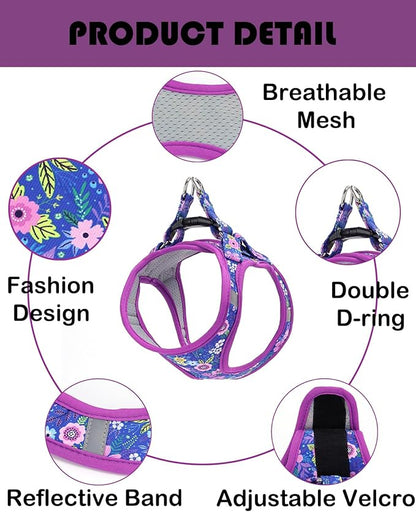 Moonpet Step in Dog Harness Leash Set- All Weather Reflective No-Pull Floral Pattern Padded Mesh Vest Harness for Cats Puppy Extra-Small Small Medium Large Dogs - Dark Flower - L