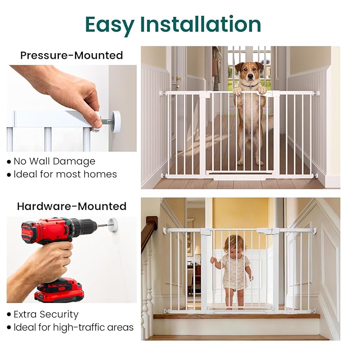 Cumbor 2-Pack Baby & Dog Gates Bundle, 29.7-48" & 30-54" Extra Wide Safety Gates for Stairs Doorways Hallways, Dual Lock Auto Close Easy Install Pet Gate, White