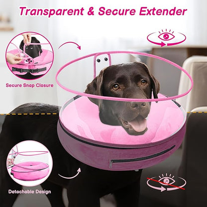 BARKLESS Inflatable Dog Cone, Protective Dog Surgery Collar to Stop Licking Biting Wounds, Patented Soft Donut Cone with Clear Shield, Adjustable Blow-up Collar for Surgery Recovery (Pink, M+)